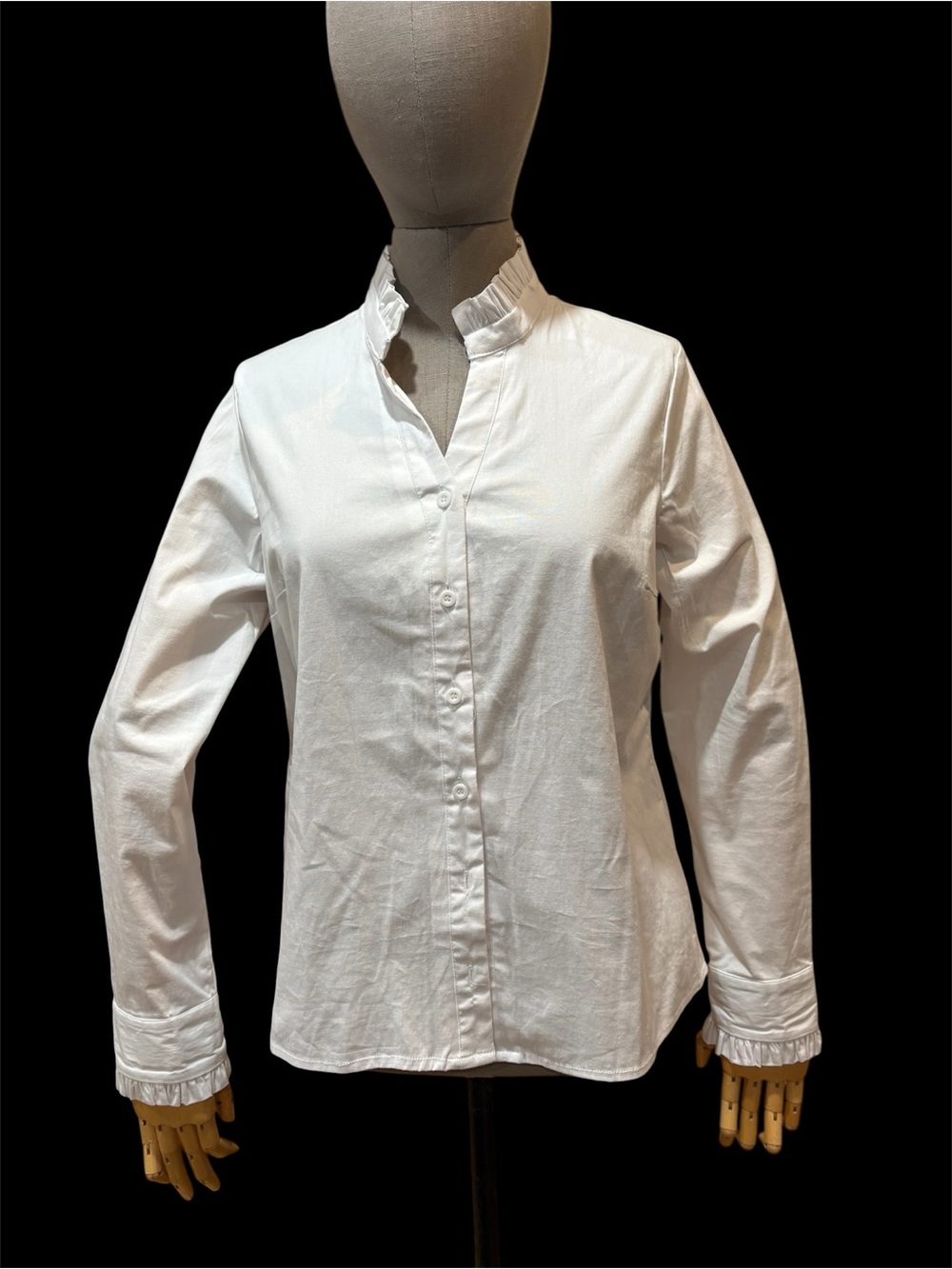 Women's White Ruffle-Trim Button Down Shirt, NWOT, size medium, cotton